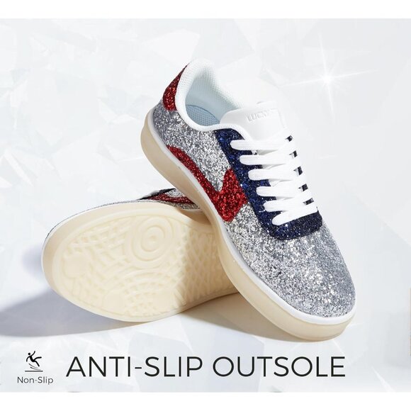 Lucky Step Women Silver Red Sparkly Bling Shiny Dressy Bedazzled Bridal Sneakers - Picture 3 of 9